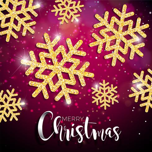 Vector Christmas Illustration with Typography and Shiny Gold Snowflake on Red Lighting Background. Vector Holiday Design.