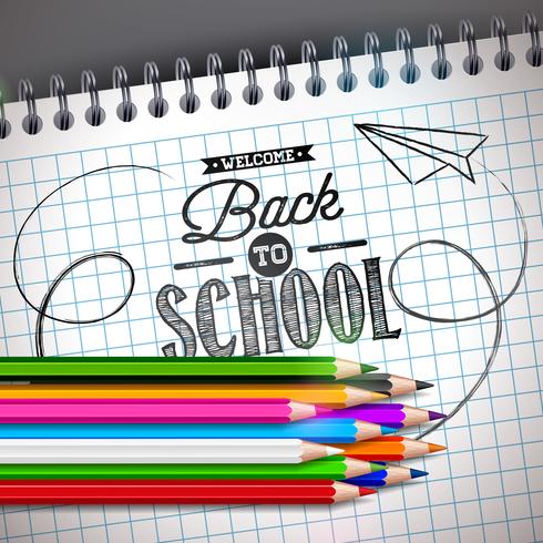 Back to school design with colorful pencil and notebook on grey background vector