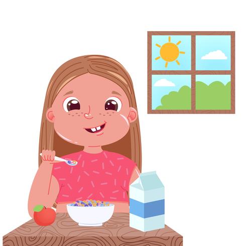 A baby girl eats breakfast in the morning vector