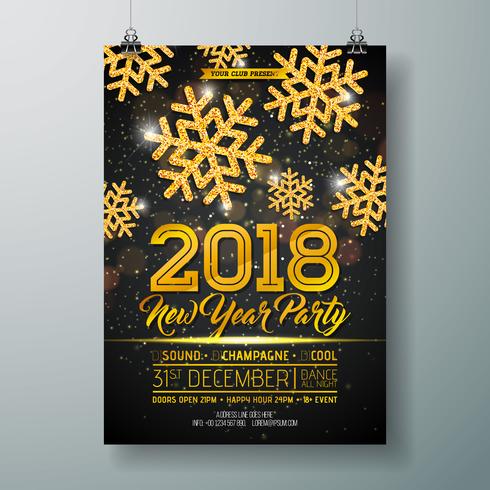 Ejemplo de la plantilla del cartel de la celebración del partido del Año Nuevo con el número 3d 2018, la bola de discoteca y el fuego artificial en fondo colorido brillante. Vector Holiday Premium invitación Flyer o Promo Banner.