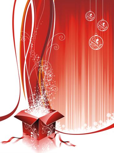 Vector Christmas design with gift box on red background.