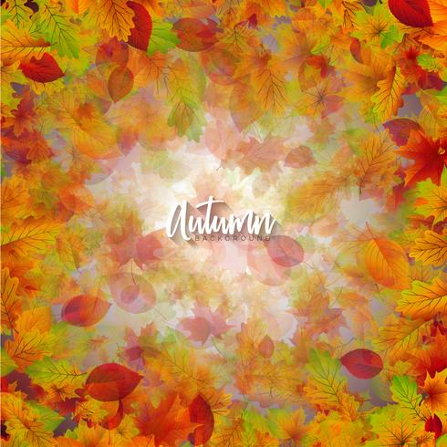 Autumn Illustration with Falling Leaves and Lettering on Clear Background. Autumnal Vector Design for Greeting Card, Banner, Flyer, Invitation, brochure or promotional poster.