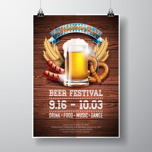 Oktoberfest poster vector illustration with fresh lager beer on wood texture background. Celebration flyer template for traditional German beer festival.