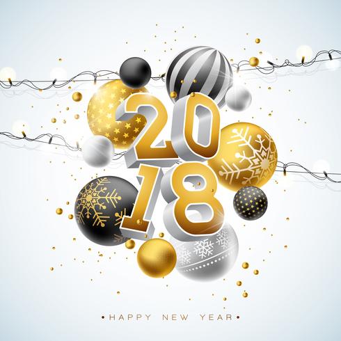 Ilustración 2018 de la Feliz Año Nuevo con el número del oro 3d, la guirnalda ligera y la bola ornamental en el fondo blanco. Vector de diseño de vacaciones para la tarjeta de felicitación Premium, invitación del partido o banner promocional.