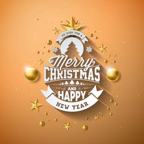 Vector el ejemplo de la Feliz Navidad con la bola de cristal del oro, la estrella de papel del recorte y los elementos de la tipografía en fondo marrón claro. Diseño de vacaciones para tarjeta de felicitación Premium, invitación de fiesta o banner promoci