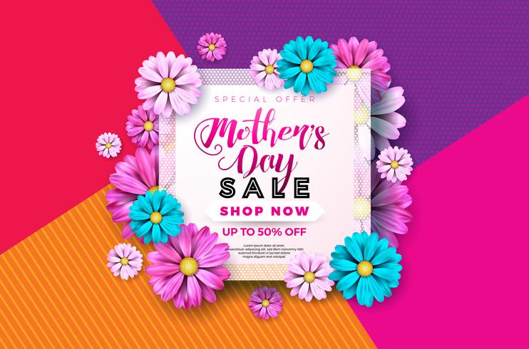 Mothers Day Sale Greeting card design with flower and typographic elements on abstract background. Vector Celebration Illustration template for banner, flyer, coupon, voucher, poster.