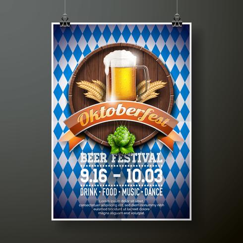 Ejemplo del vector del cartel de Oktoberfest con la cerveza de cerveza dorada fresca en fondo azul de la bandera blanca