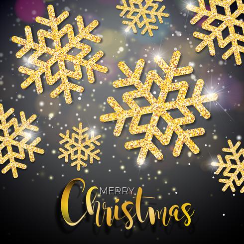 Vector Christmas Illustration with Typography and Shiny Gold Snowflake on Lighting Background. Vector Holiday Design.