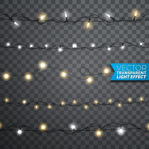 Luces de la Navidad que brillan intensamente elementos aislados realistas del diseño en fondo transparente. Decoraciones de guirnaldas de Navidad para tarjeta de felicitación de vacaciones. vector