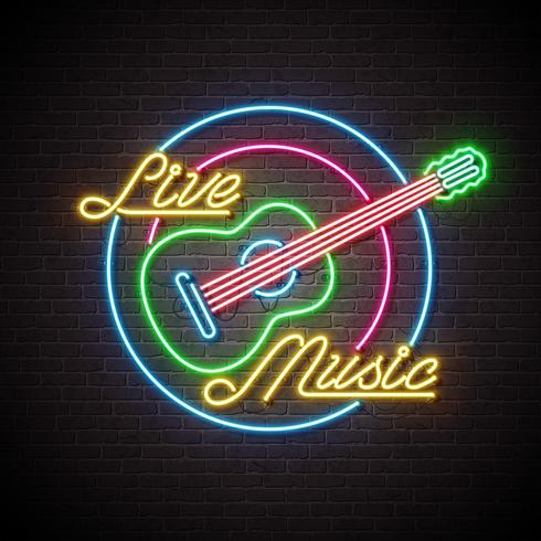 Live music neon sign with guitar and letter on brick wall background. Design template for decoration, cover, flyer or promotional party poster. vector