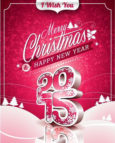 Vector Christmas illustration with typographic design on landscape background