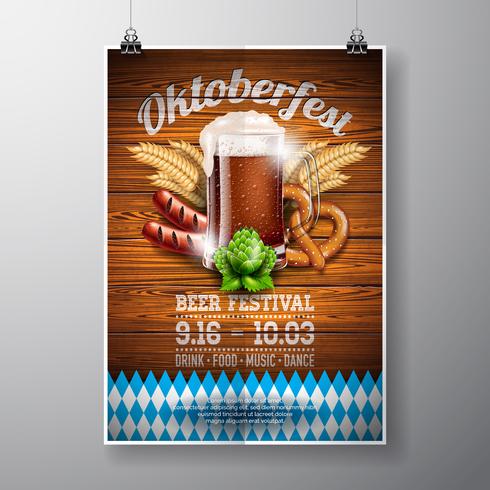 Oktoberfest poster vector illustration with fresh dark beer on wood texture background. Celebration flyer template for traditional German beer festival.