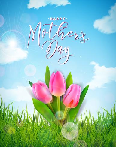 Happy Mothers Day Greeting card with tulip flower, green grass and cloud on spring landscape background. Vector Celebration Illustration template