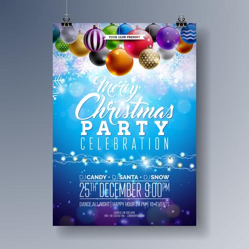 Diseño de Fliyer de la fiesta de Feliz Navidad con los elementos de la tipografía del día de fiesta y las bolas ornamentales multicoloras en fondo brillante. Vector premium celebración cartel ilustración.