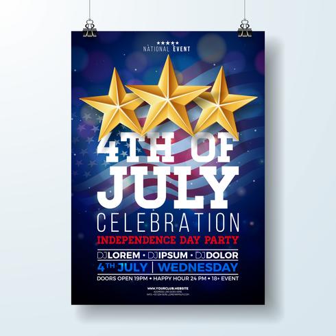 Día de la independencia de la fiesta de Estados Unidos Flyer ilustración con bandera y cinta. Vector el cuarto del diseño de julio en el fondo oscuro para la bandera de la celebración, la tarjeta de felicitación, la invitación o el cartel del día de fiest