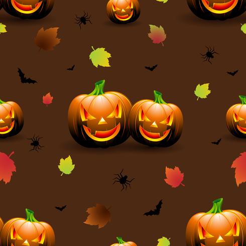 Halloween seamless pattern illustration with pumpkins scary faces and autumn leaves on dark background. vector