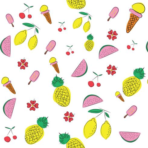 summer pattern background with fruits and floral elements in memphis style  vector