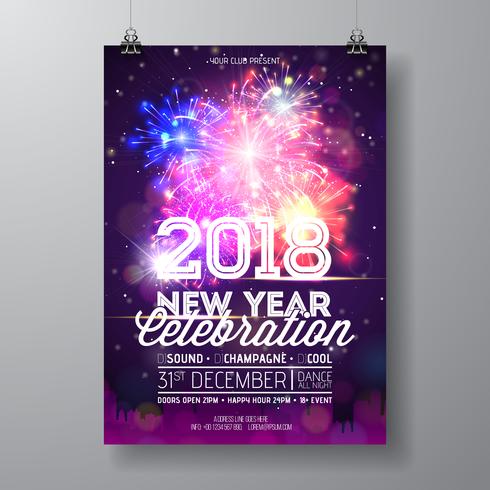 Ejemplo del cartel de la celebración del partido de Año Nuevo 2018 con diseño de la tipografía y fuego artificial en fondo colorido brillante. Vector Holiday Premium invitación Flyer plantilla o banner promocional.