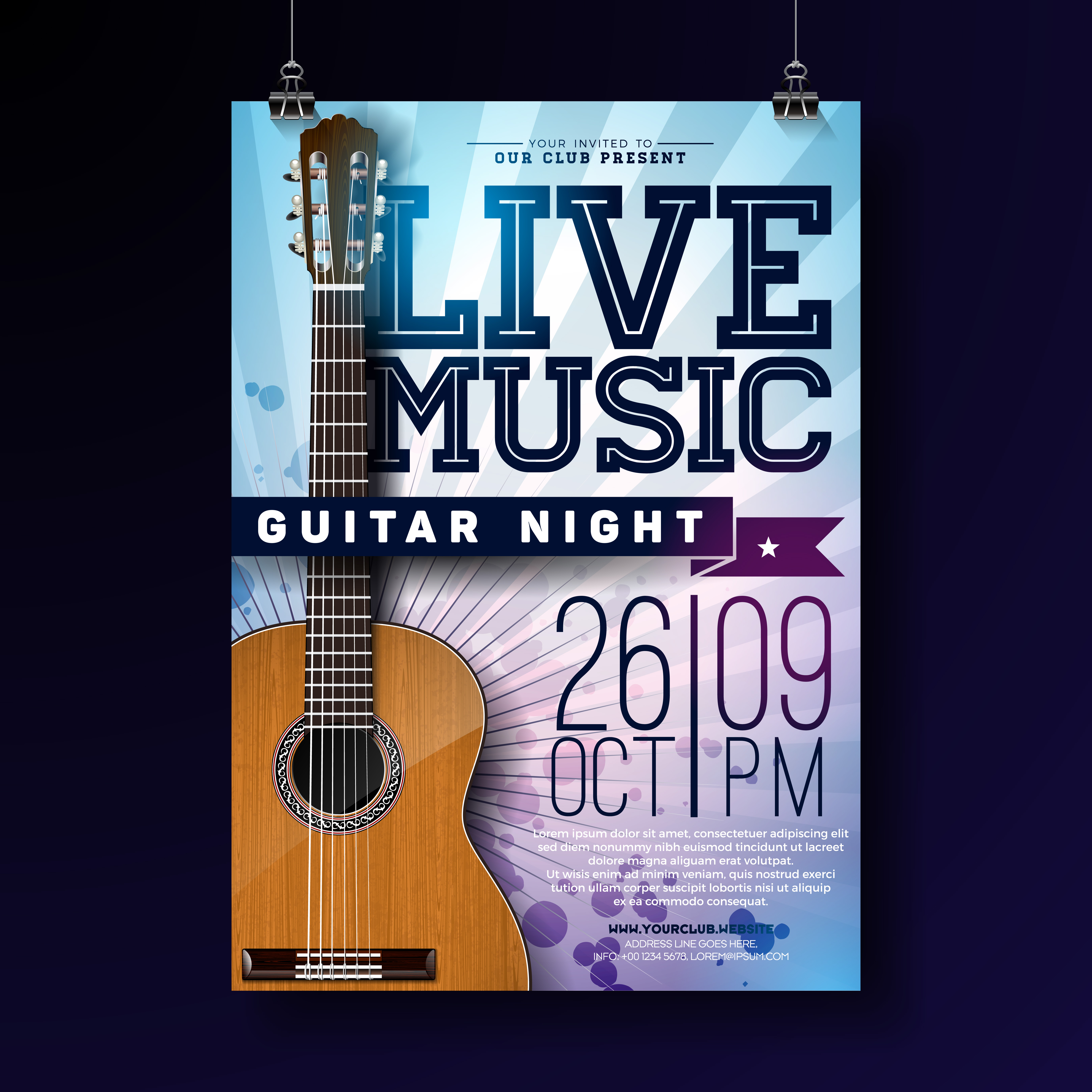 Live music flyer design with acoustic guitar on grunge background