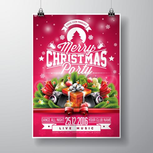 Vector Merry Christmas Party design with holiday typography elements and speakers on shiny background. 