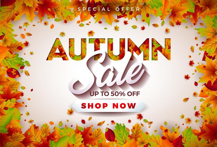 Autumn Sale Design with Falling Leaves and Lettering on White Background. Autumnal Vector Illustration with Special Offer Typography Elements for Coupon