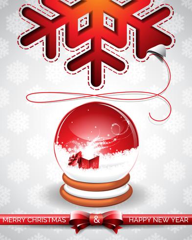 Vector Christmas illustration with magic snow globe and typographic design on snowflakes background.