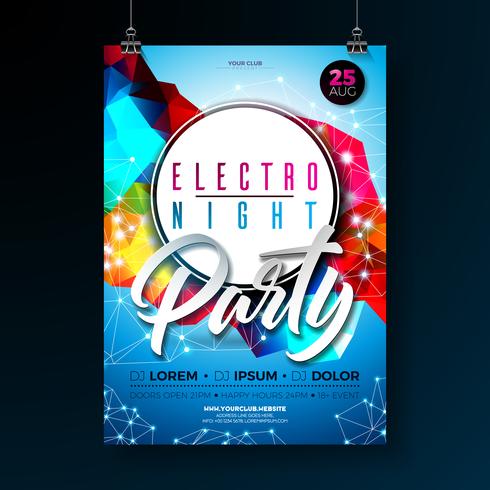 Night dance party poster design with abstract modern geometric shapes on shiny background. Electro style disco club template for abstract music event flyer invitation or promotional banner. vector