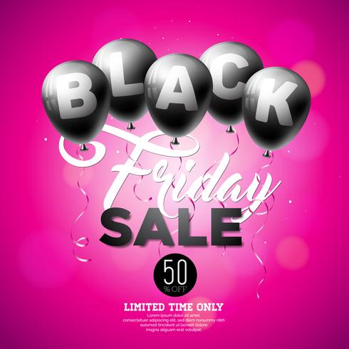 Black Friday Sale Vector Illustration with Shiny Balloons on Violet Background.