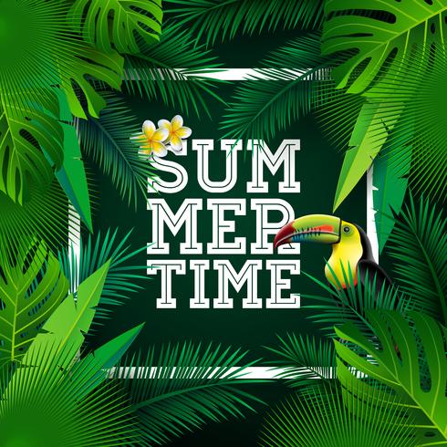 Vector Summer Time Holiday typographic illustration with toucan bird and flower on tropical plants background. Design template with green palm leaf