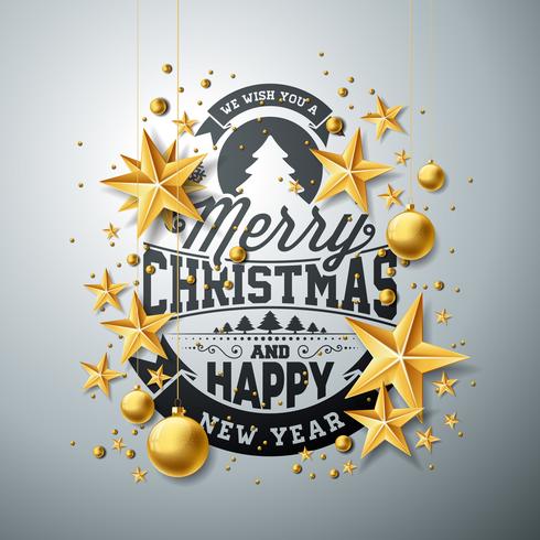 Vector Christmas and New Year illustration with typography and cutout paper stars on clean background. Holiday design for greeting card, poster, banner.