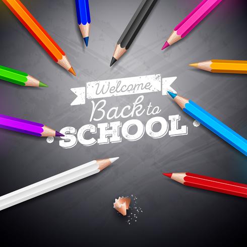 Back to school design with colorful pencil and chalk lettering on black chalkboard vector