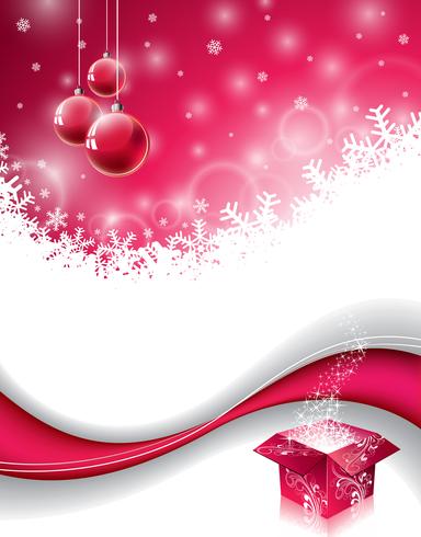 Vector Christmas design with magic gift box and red glass ball on snowflakes background.