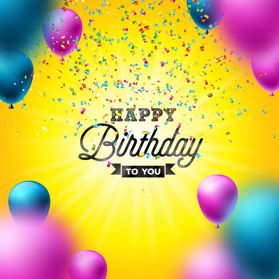 Happy Birthday Vector Design with Balloon, Typography and Falling