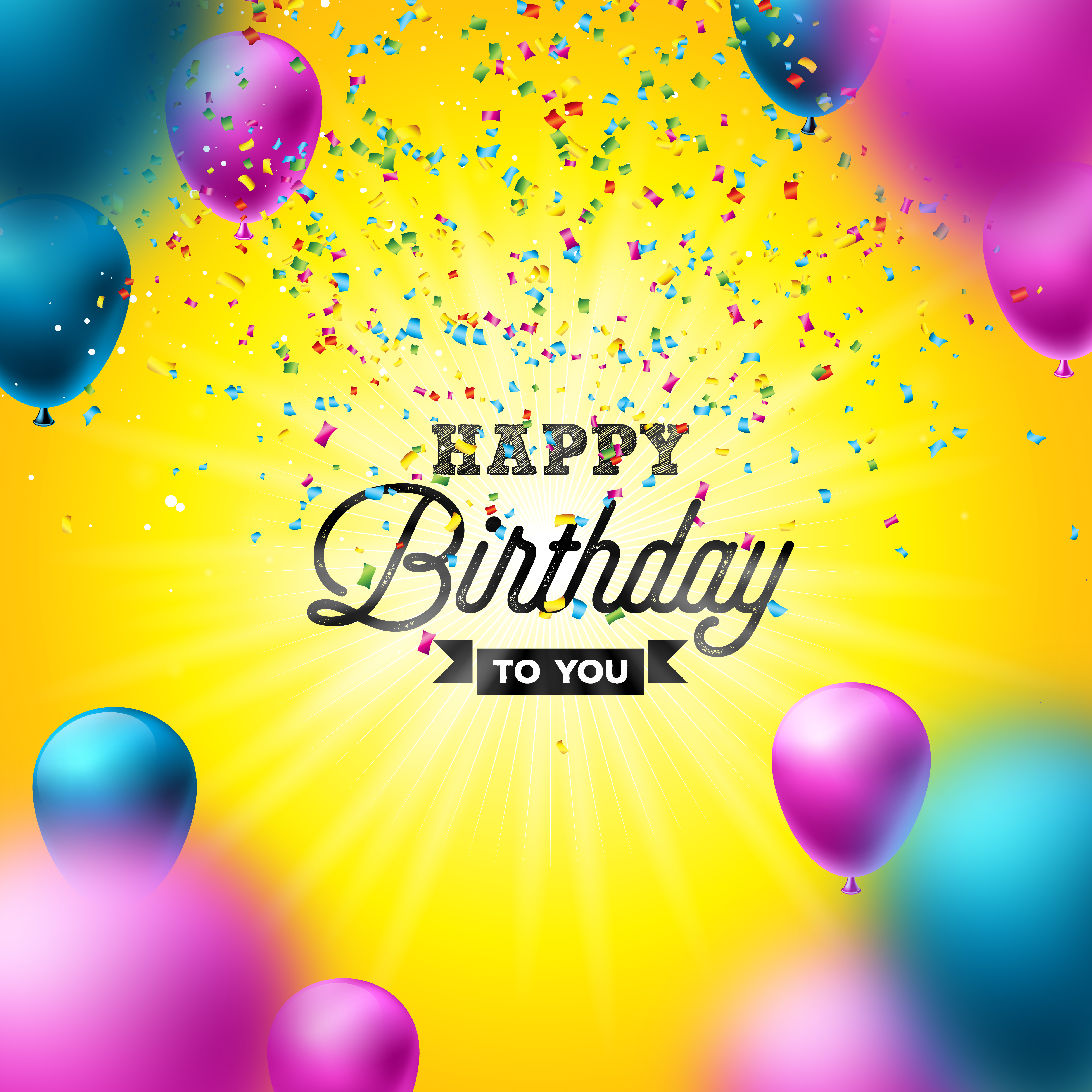 Happy Birthday Vector Design with Balloon, Typography and Falling Confetti on Shiny Yellow