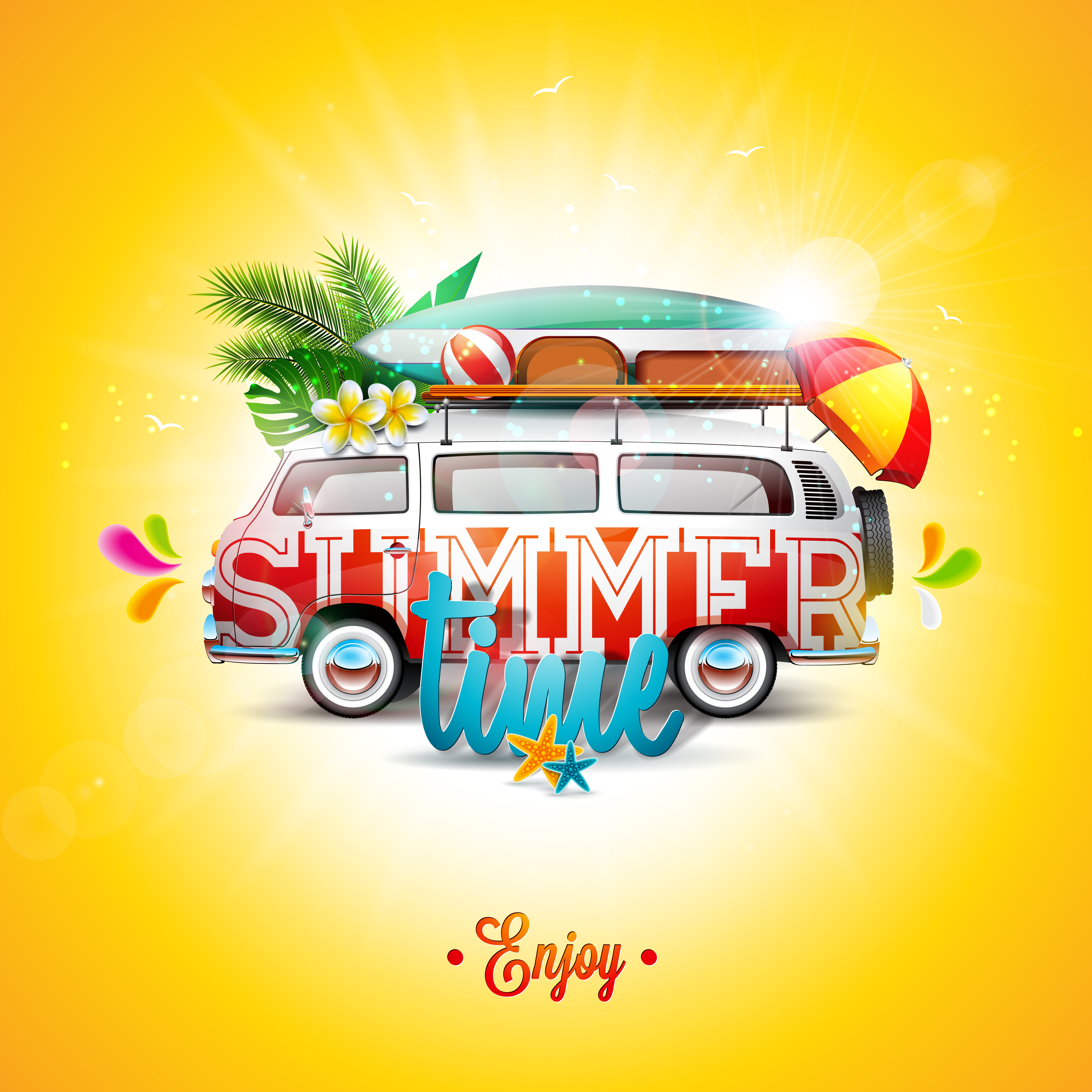 Vector Summer Holiday illustration on blue sky and cloud background