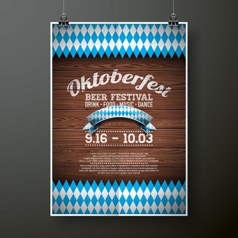 Oktoberfest poster vector illustration with flag on wood texture background. 