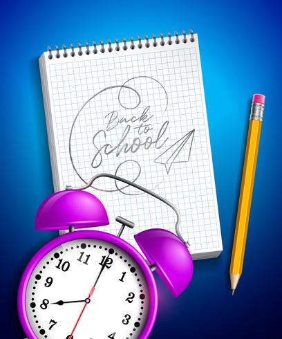 Back to school design with alarm clock, graphite pencil and notebook vector