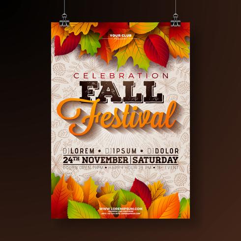 Autumn Party Flyer Illustration with falling leaves and typography design on doodle pattern background. Vector Autumnal Fall Festival Design for Invitation or Holiday Celebration Poster.