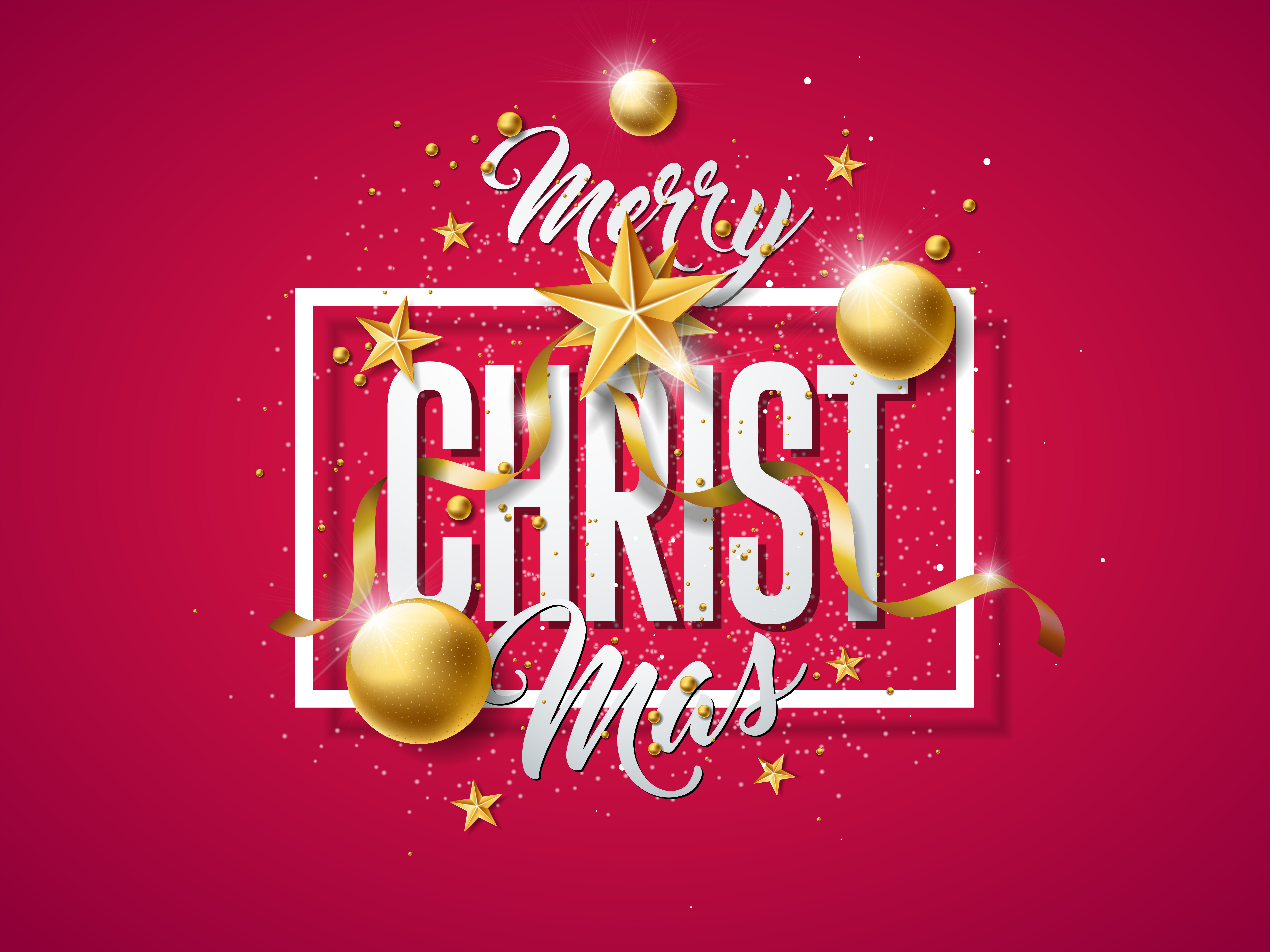 Vector Merry Christmas Illustration with Gold Glass Ball, Cutout Paper