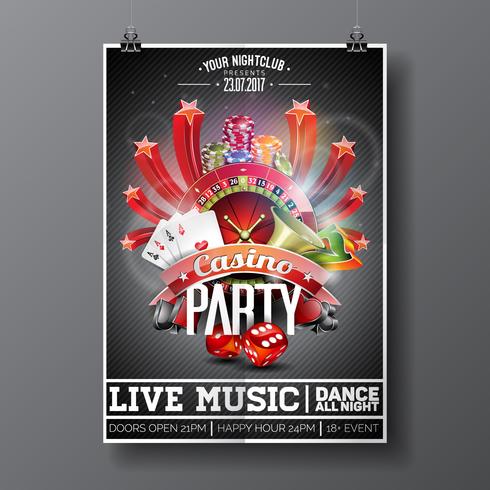 Diseño de Vector Party Flyer sobre un tema de Casino con ruleta y tarjetas de juego