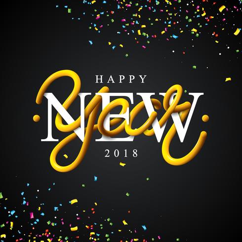 Happy New Year 2018 Illustration with Intertwined Tube Typography Design and Colorful Confetti on Black Background. Vector Holiday EPS 10 design.