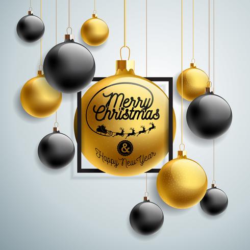 Vector el ejemplo de la Feliz Navidad con los elementos de la bola de cristal y de la tipografía del oro en fondo ligero. Diseño de vacaciones para tarjeta de felicitación Premium, invitación de fiesta o banner promocional.