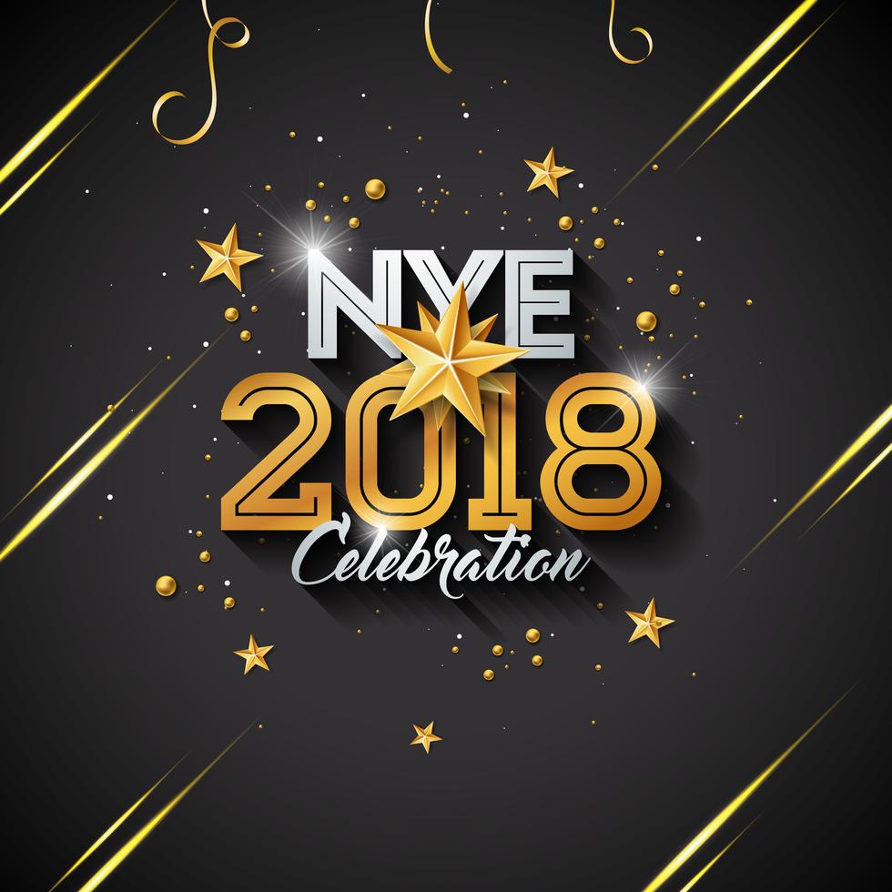 Happy New Year Illustration with Typography Letter and Ornamental Ball on Black Background