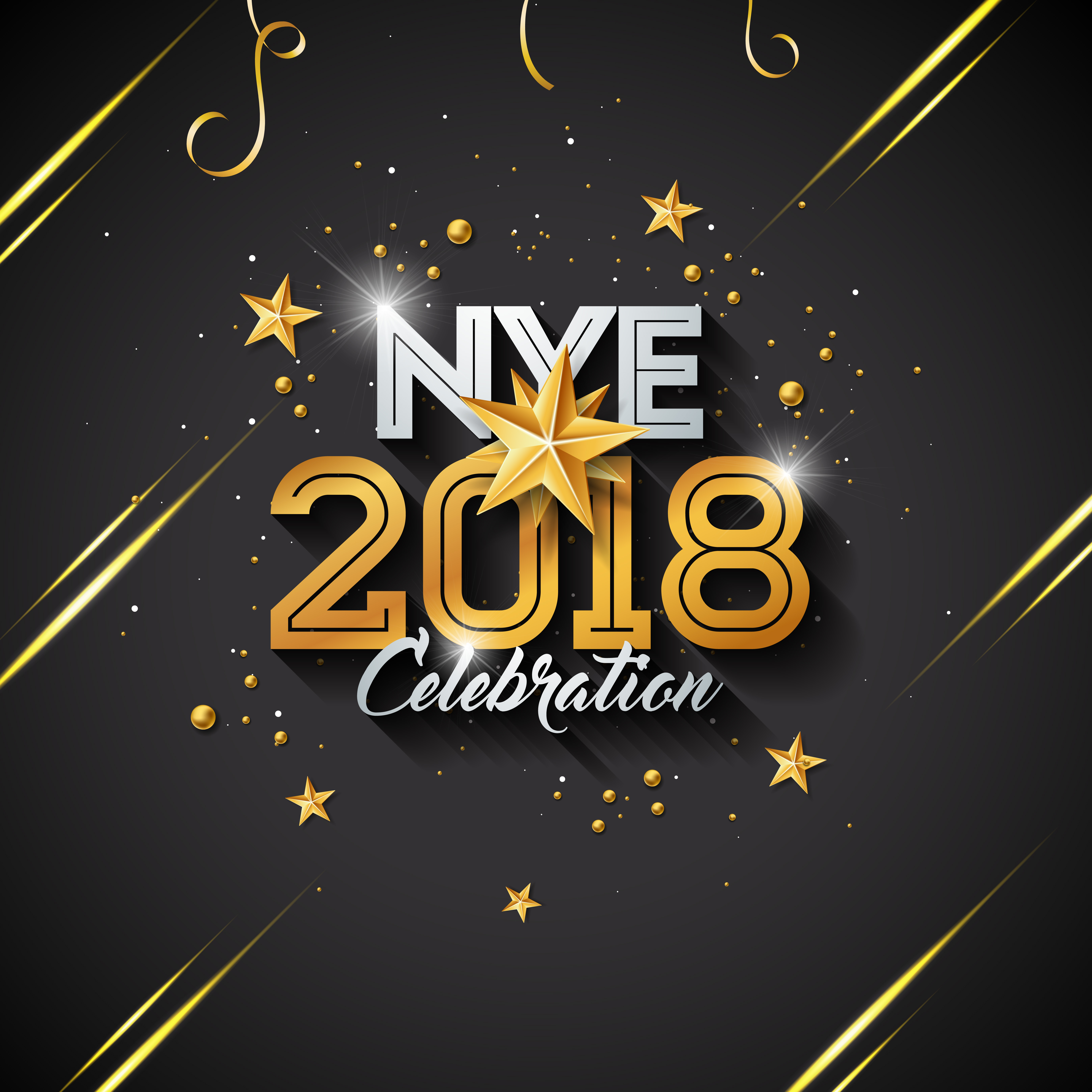 Happy New Year Illustration with Typography Letter and Ornamental Ball on Black Background