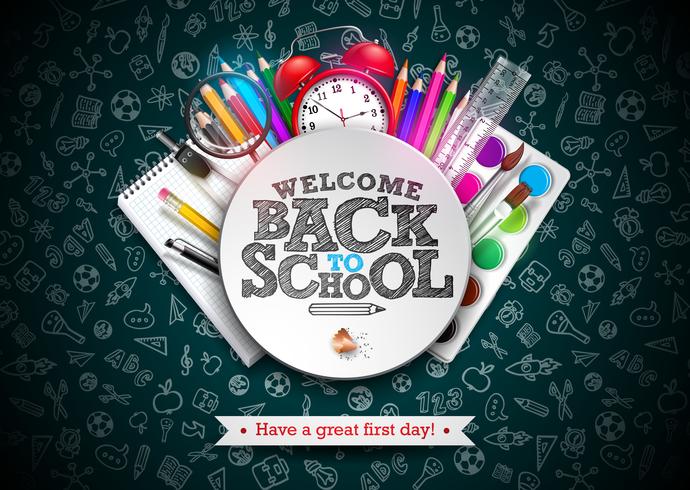 Back to school design with colorful pencil, typography lettering and other school items  vector