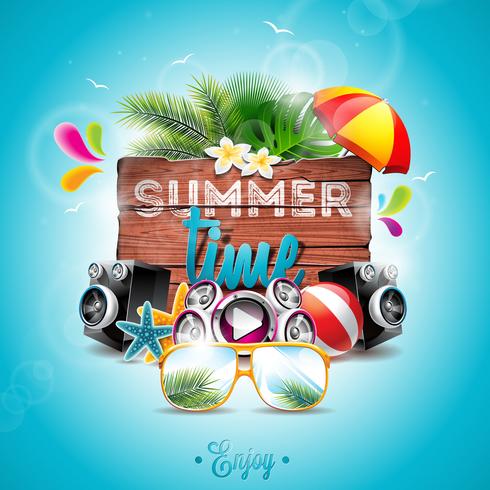 Vector Summer Time Holiday typographic illustration on vintage wood background.