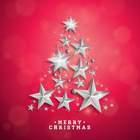 Vector Christmas and New Year illustration with Christmas Tree made of cutout paper stars on red background. Holiday design for greeting card, poster, banner.