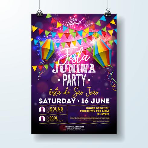 Festa Junina Party Flyer Illustration with Flags and Paper Lantern on Firework Background. Vector Brazil June Festival Design for Invitation or Holiday Celebration Poster.