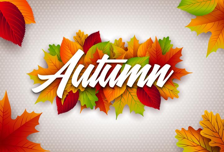 Autumn Illustration with Colorful Leaves and Lettering on Clear Background. Autumnal Vector Design for Greeting Card, Banner, Flyer, Invitation, brochure or promotional poster.