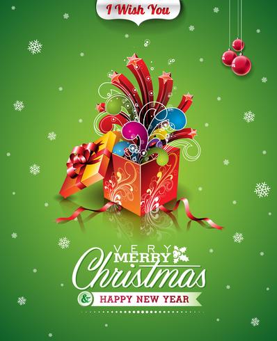 Vector Christmas illustration with typographic design and magic gift box